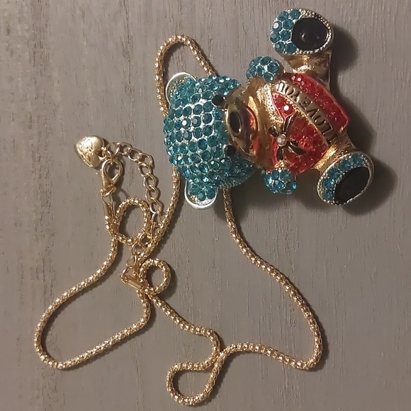 Betsey Johnson Gold Toned Blue Rhinestone Teddy Bear Red Heart Pendant Necklace - Picture 9 of 17
